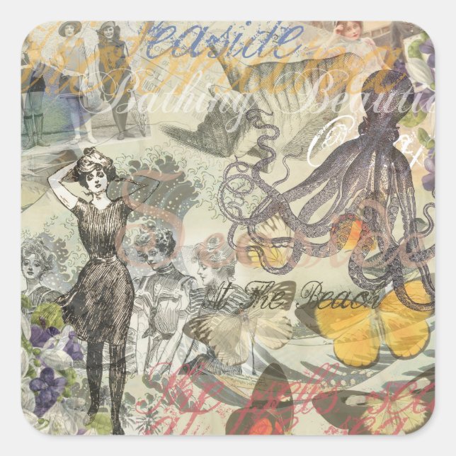 Pegatina Cuadrada Octopus Beach Antique Coastal Steampunk (Anverso)