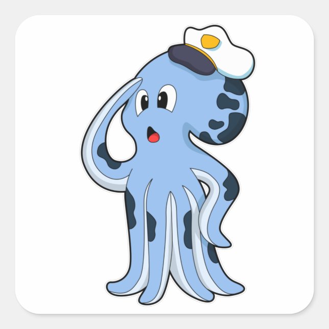 Pegatina Cuadrada Octopus como capitán con gorra (Anverso)