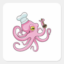 Pegatina Cuadrada Octopus como cocinero con cuchara de madera