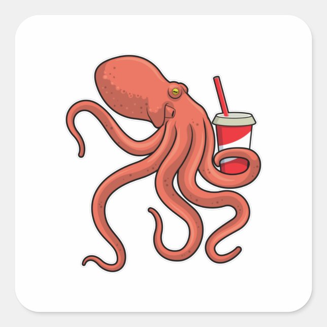 Pegatina Cuadrada Octopus con bebida (Anverso)