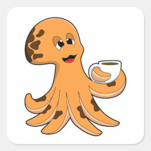 Pegatina Cuadrada Octopus con taza de café