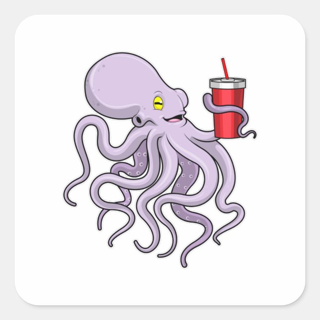 Pegatina Cuadrada Octopus con tazón para beber (Anverso)