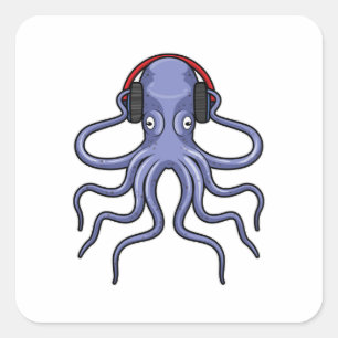 Pegatina Cuadrada Octopus en la música con auriculares