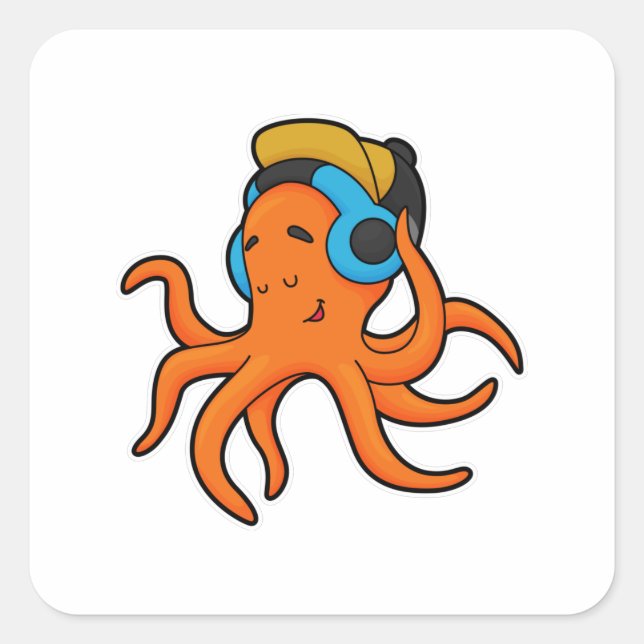 Pegatina Cuadrada Octopus en la música con auriculares (Anverso)