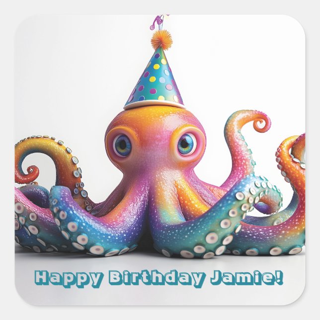Pegatina Cuadrada Octopus fiesta - Diseño de cumpleaños lindo (Anverso)
