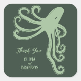 Pegatina Cuadrada Octopus Mar Profundo Boda moderno, verde