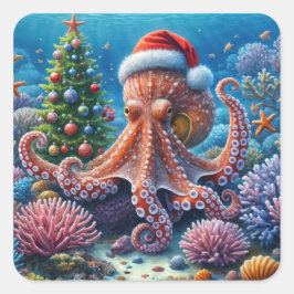Pegatina Cuadrada Octopus navidades usando un Santa Hat