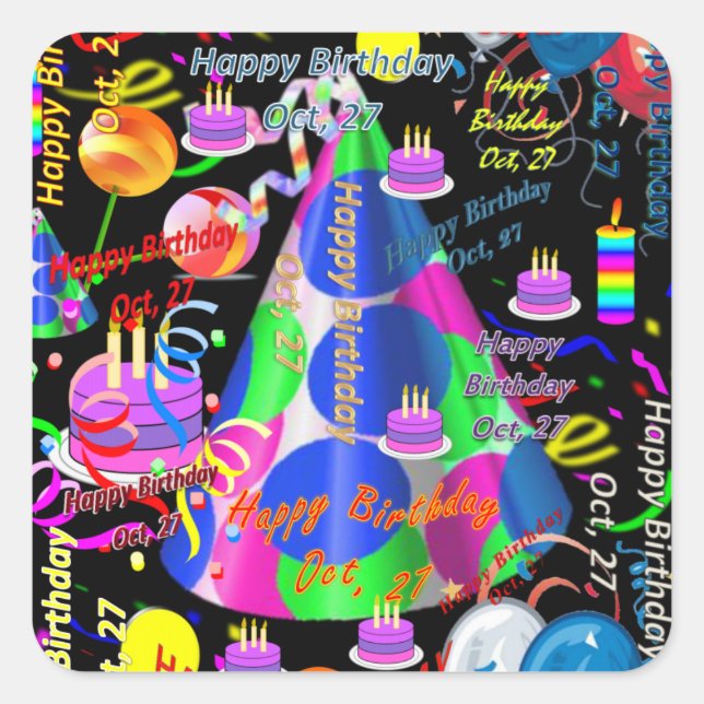 Pegatina Cuadrada Octubre, 27 niños Pegatinas de cumpleaños (Anverso)