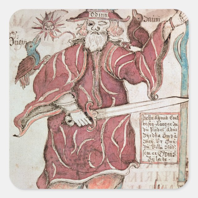 Pegatina Cuadrada Odin, con sus dos cuervos, Hugin y Munin (Anverso)