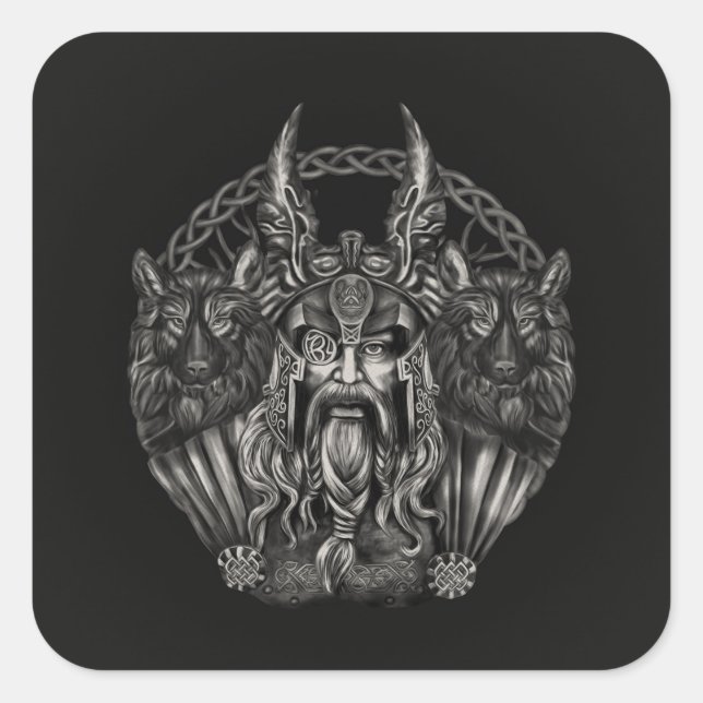 Pegatina Cuadrada Odin y sus lobos Geri y Freki (Anverso)