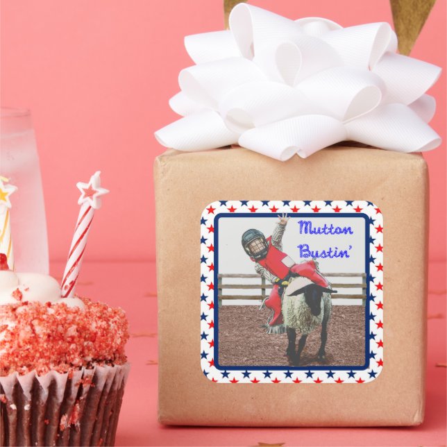 Pegatina Cuadrada Oeste de Rodeo Cowgirl Mutton Busting (Fiesta)