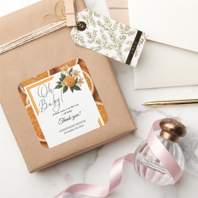 Pegatina Cuadrada Oh Baby A Un Pequeño Naranja Citrus Baby Shower (Regalar)