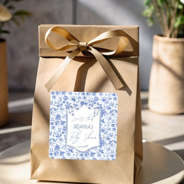 Pegatina Cuadrada Oh baby blue toile sketch baby ducha favor (Oh baby blue toile de jouy ribbon bow sketch baby shower thank you favor sticker personalized favors)