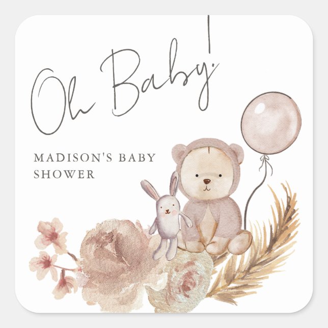 Pegatina Cuadrada Oh Baby Boho Botanical con Sweet Bear Baby Shower (Anverso)