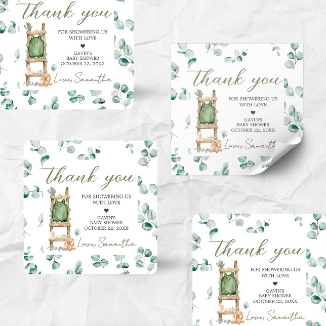 Pegatina Cuadrada Oh Baby Boho Eucalyptus Baby Shower (Oh Baby Greenery Baby Shower Sticker)