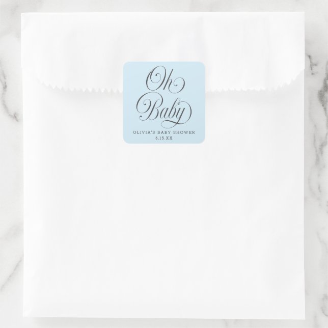 Pegatina Cuadrada Oh Baby Elegant Script Lt. Blue Baby Shower Favor (Bolso)