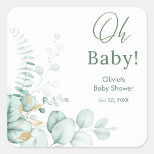 Pegatina Cuadrada Oh Baby Eucalipto Verdor Dorado Baby Shower