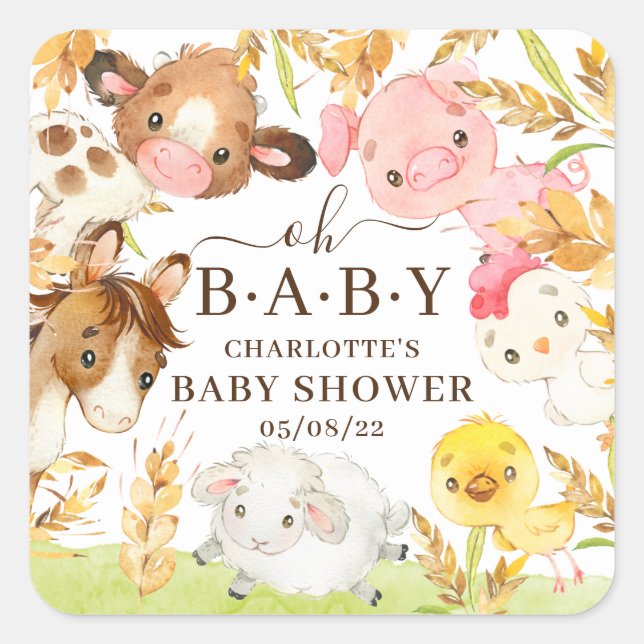 Pegatina Cuadrada Oh Baby Farm Animals Baby Shower Favor Classic R (Anverso)