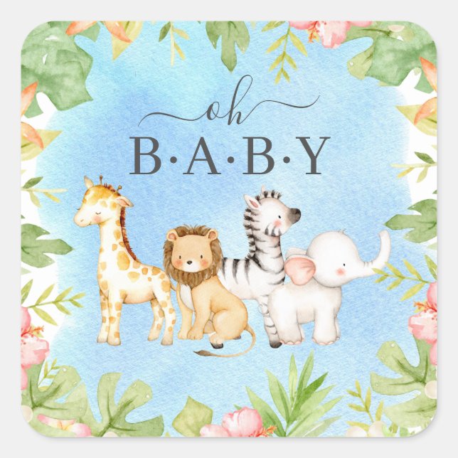 Pegatina Cuadrada Oh Baby Jungle Baby Shower 7" Placa (Anverso)