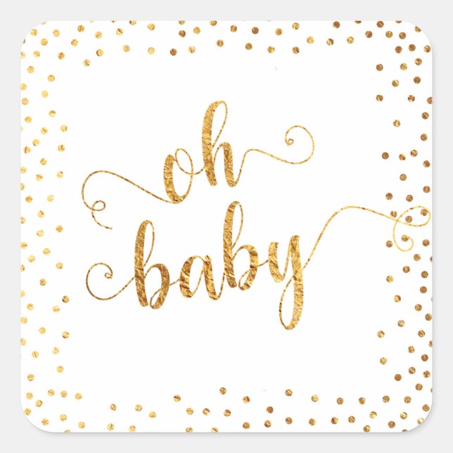 Pegatina Cuadrada "Oh Baby" Relieve metalizado dorado falso Confetti (Anverso)