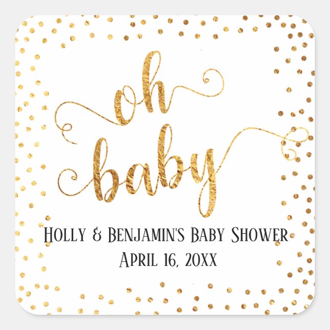Pegatina Cuadrada "Oh Baby" Relieve metalizado dorado falso Confetti (Anverso)