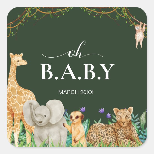 Pegatina Cuadrada Oh baby Safar Animal Jungle GreenerenBaby Shower (Anverso)