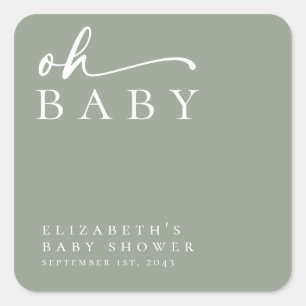 Pegatina Cuadrada Oh Baby Sage Green Baby Shower Minimalista