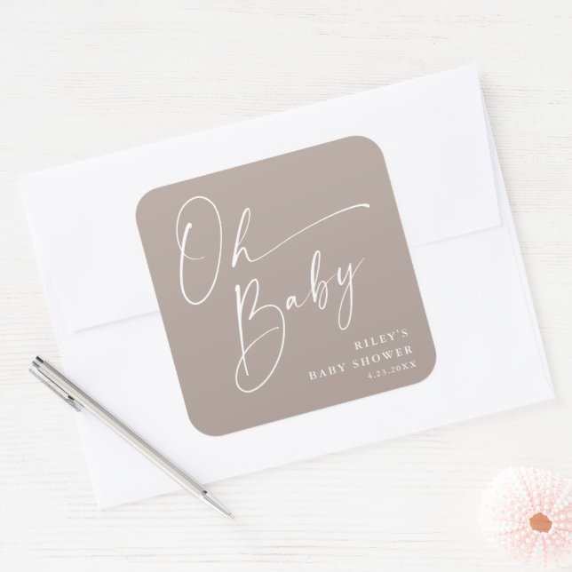 Pegatina Cuadrada Oh Baby Script Moderno Neutral Baby Shower (Sobre)