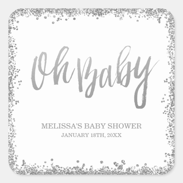 Pegatina Cuadrada Oh Baby White Silver Faux Purpurina Baby Shower (Anverso)