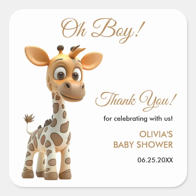 Pegatina Cuadrada Oh Boy Baby Giraffe Cuidad Muchacho Baby Shower Gr (Anverso)