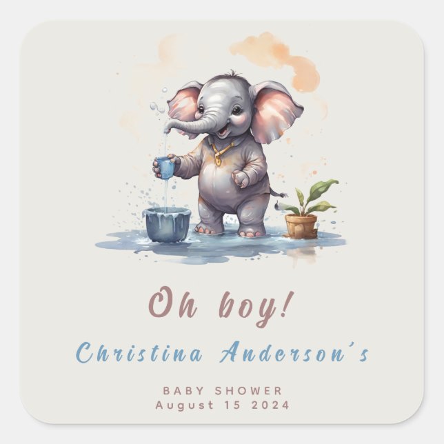 Pegatina Cuadrada Oh Boy Elephant Rustic Gold Blue Baby Shower (Anverso)