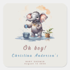 Pegatina Cuadrada Oh Boy Elephant Rustic Gold Blue Baby Shower