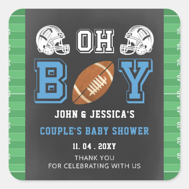 Pegatina Cuadrada Oh Boy Super Bowball Football Baby Shower (Anverso)