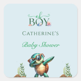 Pegatina Cuadrada Oh Boy Under the Sea Turtle Baby Shower
