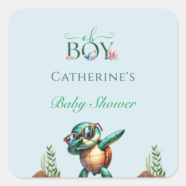Pegatina Cuadrada Oh Boy Under the Sea Turtle Baby Shower (Anverso)