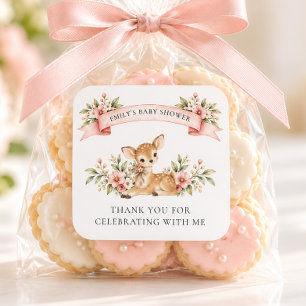 Pegatina Cuadrada Oh Ciervo Baby Shower Bosque Gracias