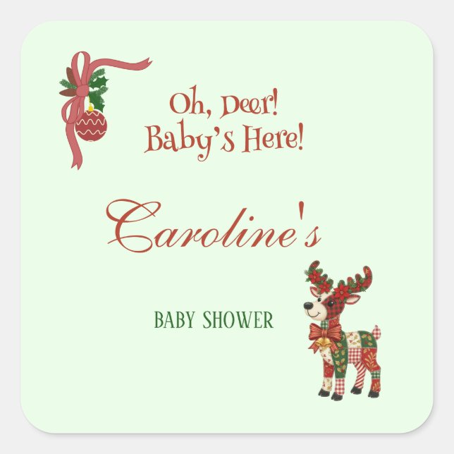 Pegatina Cuadrada Oh, Deer! Baby’s Here! – Christmas Baby Shower (Anverso)