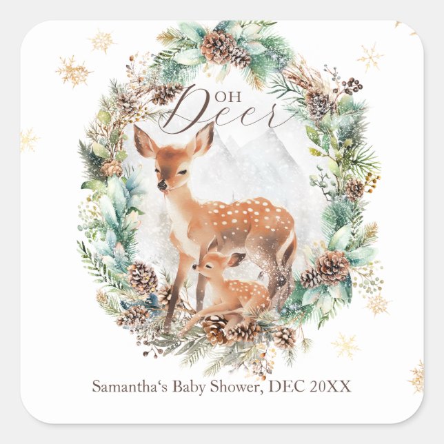 Pegatina Cuadrada Oh Deer Winter Woodland Snow Baby Shower (Anverso)