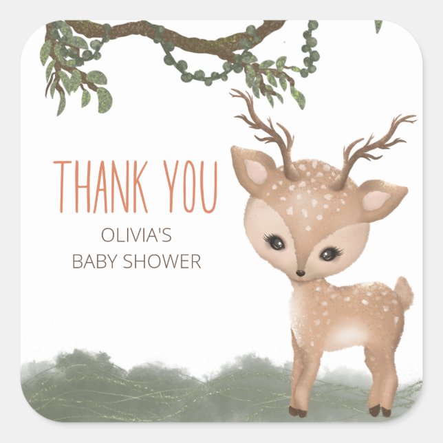 Pegatina Cuadrada Oh Deer Woodland baby ducha gracias (Anverso)