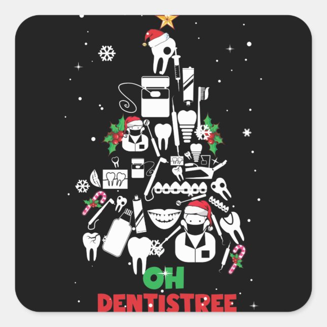 Pegatina Cuadrada Oh Dentistree Dentist Dental Teeth Árbol de Navida (Anverso)