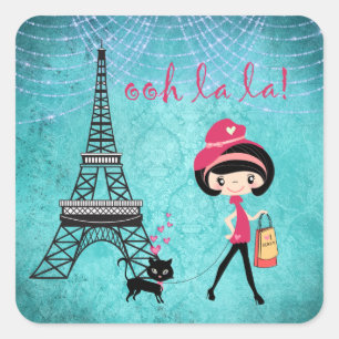 Pegatina Cuadrada Oh La Paris Chica y gato con Torre Eiffel
