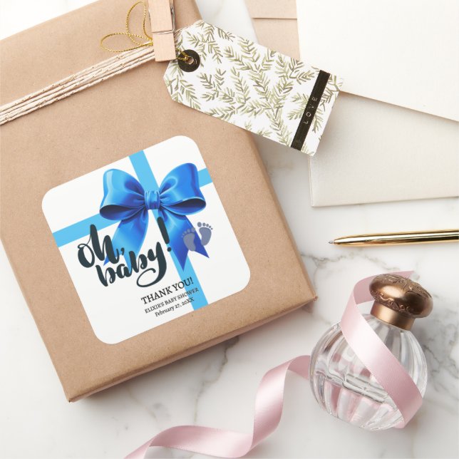 Pegatina Cuadrada ¡Oh, nena! Elegante Baby Shower Blue Bow (Regalar)