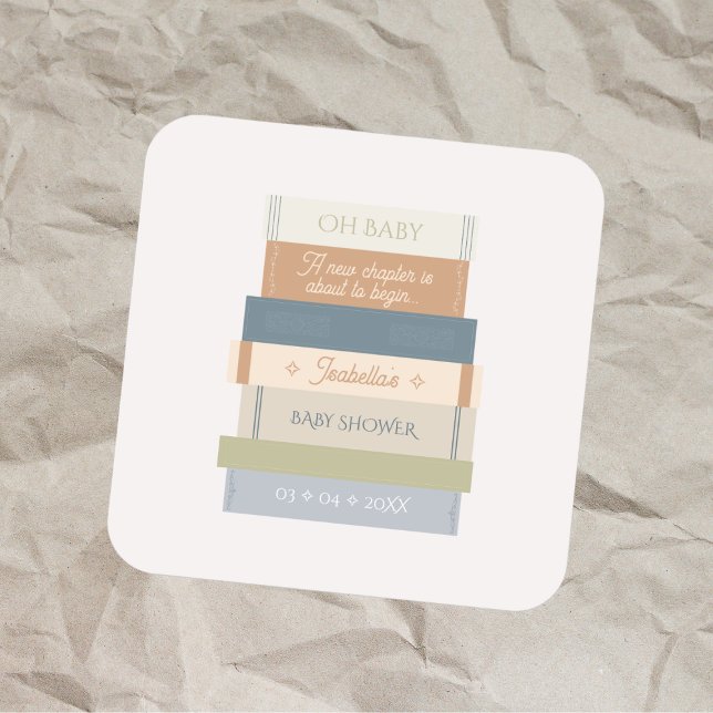 Pegatina Cuadrada Oh Nueva pila de libros de historietas de capítulo (Oh Baby Shower New Chapter Storybook Book Stack Square Sticker)