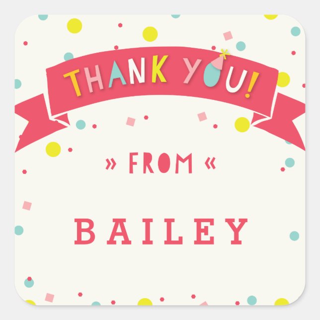 Pegatina Cuadrada Oh Qué Divertido Confetti Cumpleaños Gracias Pegat (Anverso)