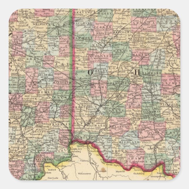 Pegatina Cuadrada Ohio, mapa de Indiana por Mitchell (Anverso)