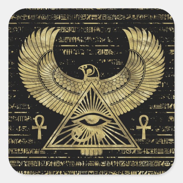 Pegatina Cuadrada Ojo egipcio de Horus - Oro de Wadjet y negro (Anverso)