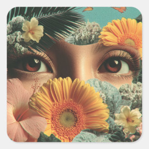 Pegatina Cuadrada Ojos Surrealistas y Flores con Mariposas