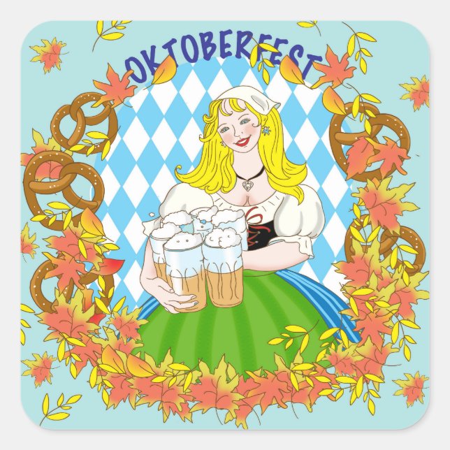 Pegatina Cuadrada Oktoberfest, chica y cerveza (Anverso)