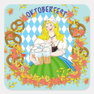 Pegatina Cuadrada Oktoberfest, chica y cerveza