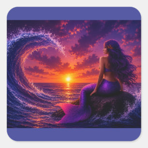 Pegatina Cuadrada Ola de sirena mística Fantasía Atardecer Arte Oceá